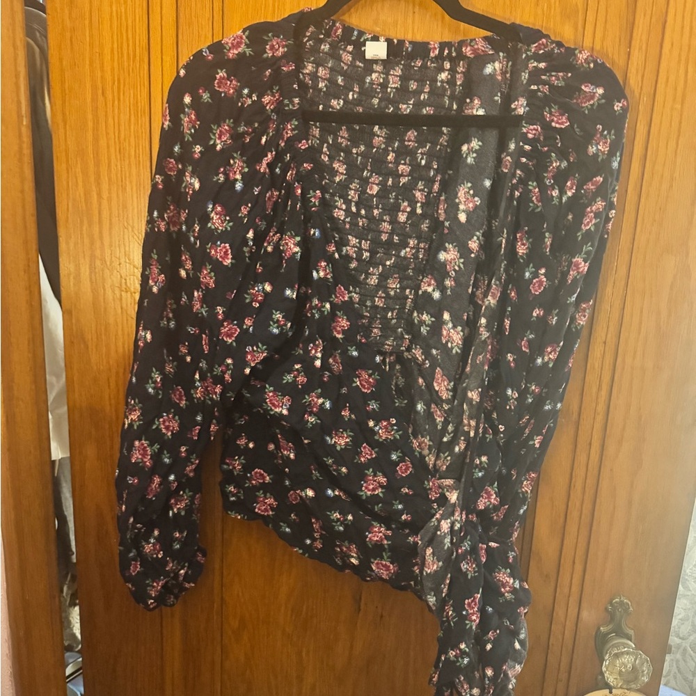Old Navy Black Floral Smocked Wrap Blouse